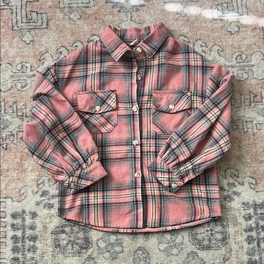 SHEIN Kids Plaid Button Down Shirt in Pink and Gray